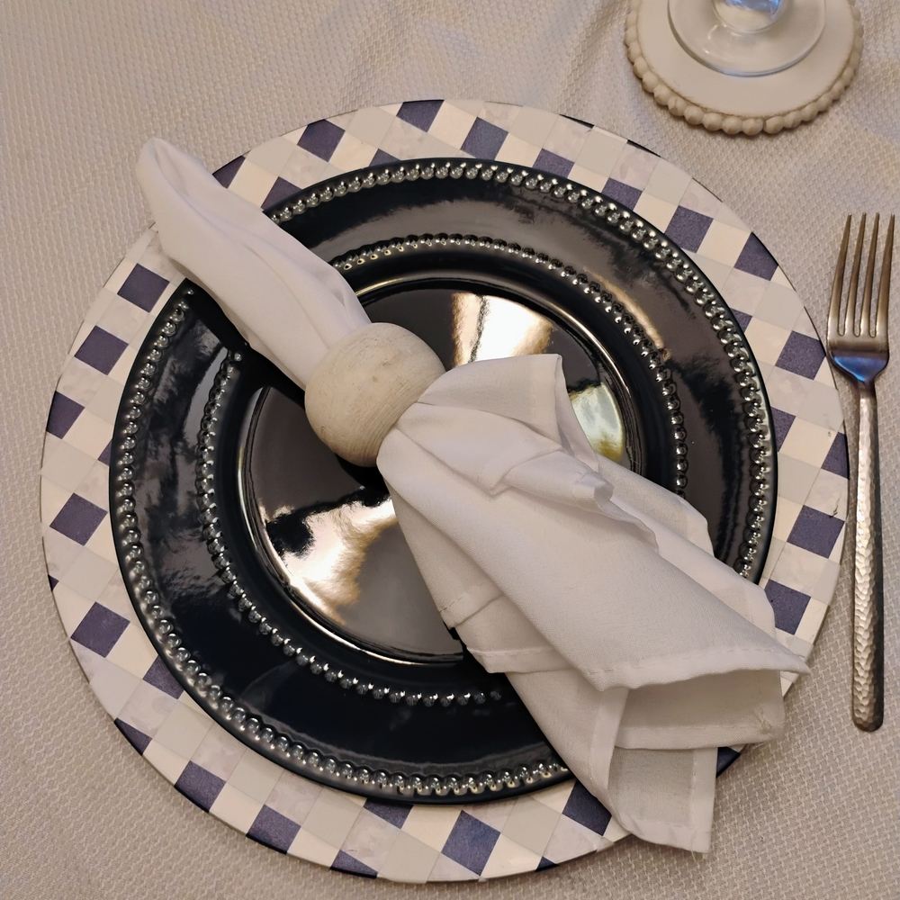 Set of 4 navy and white checkered charger plates 13" farmhouse decor table setup